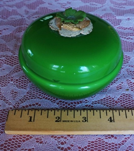 Vintage Jade Green Opaline Glass Powder Jar Gold accent - Picture 1 of 9