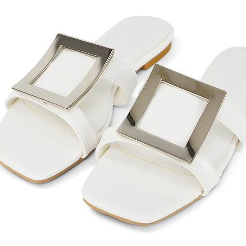 Womens Flat Slip On Sandals Ladies Open Toe Square Buckle Mules Sliders Size 3-8 - Picture 44 of 51