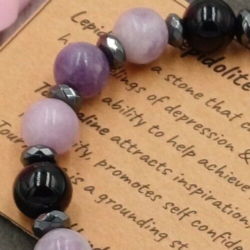 LEPIDOLITE & TOURMALINE Bracelet Crystal Gemstone Stretch +Velvet Pouch & Card. - Picture 3 of 6