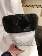 Vtg 50/60's Black Velvet Pillbox Hat w Satin Accent  Netting France HBX 