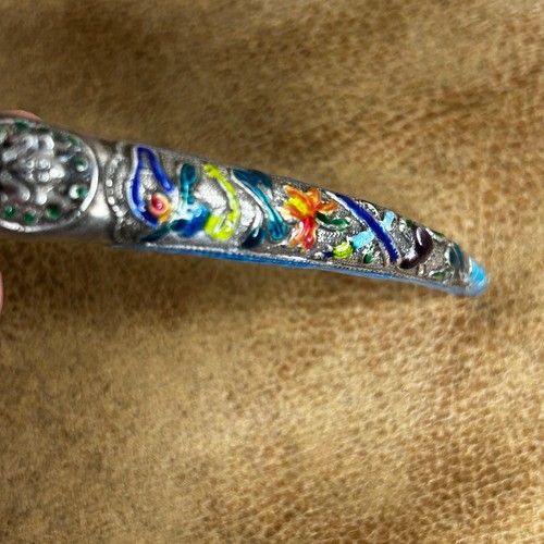 ANTIQUE Chinese Silver Enamel Finger Nail Guard 4" Turquoise Filagree 3489 - Picture 2 of 11