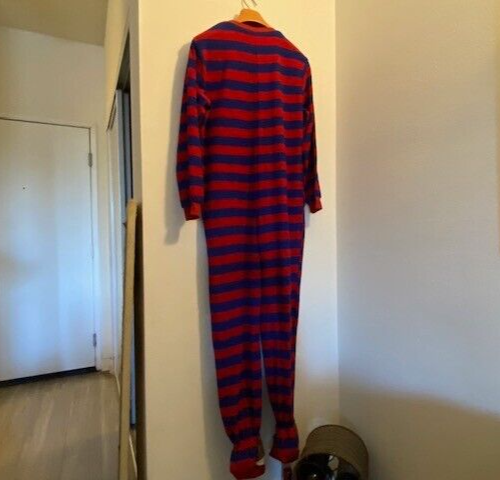 Nick & Nora Footed Sock Monkey 1-piece Fleece Pajamas Women Sz S Red Blue Stripe - Bild 2 von 15