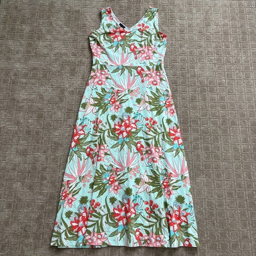 Talbots Tropical Jersey Maxikleid Damen M blau Papageien Hawaii V-Ausschnitt lang