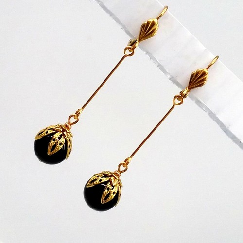 Genuine Onyx Earrings Black Long Dangles Fancy Filigree Brass Caps Leverback - Picture 7 of 7