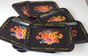 Vintage Black Cool Floral Tole Ware Mini or Toy Tin Tray 6 5//8” X 4 5//8”