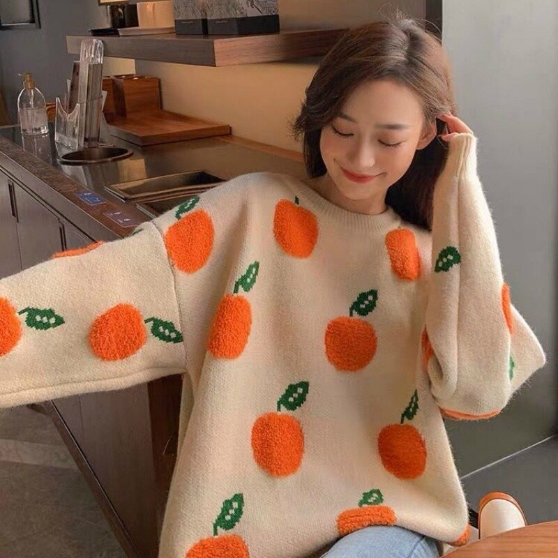 Women Knit Pullover Fruit Jacquard Sweater Jumper Casual Loose