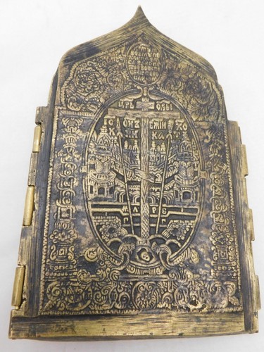 TETRAPTICO ICONO - ICONO DE VIAJE BRONCE RUSIA HACIA 1840 - Imagen 6 de 7