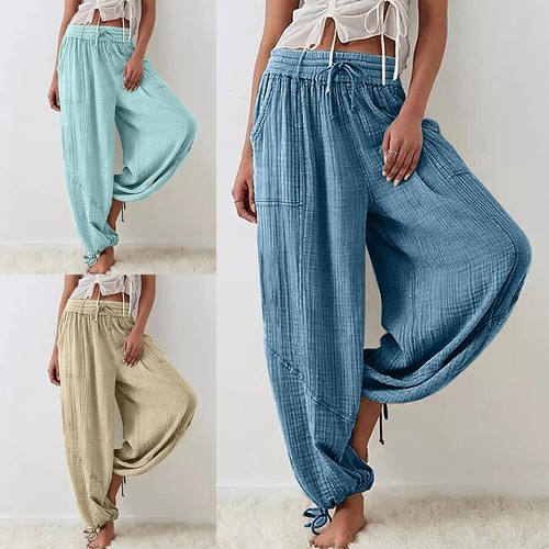 Damen Lockere Baumwolle Leinen Hose Trousers Elastischer Bund Weites Bein Freizeit Unterteil i - Bild 5 von 30