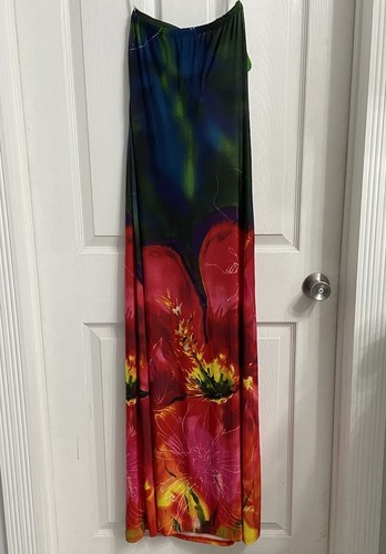 Klessman Maxi Dress Size Medium Blue Red Floral Tropical Strapless Pull On - Picture 2 of 7