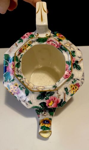 Rara e straordinaria teiera ottagonale anni '20 corona merce ducale Chintz girasoli rose - Foto 11 di 14