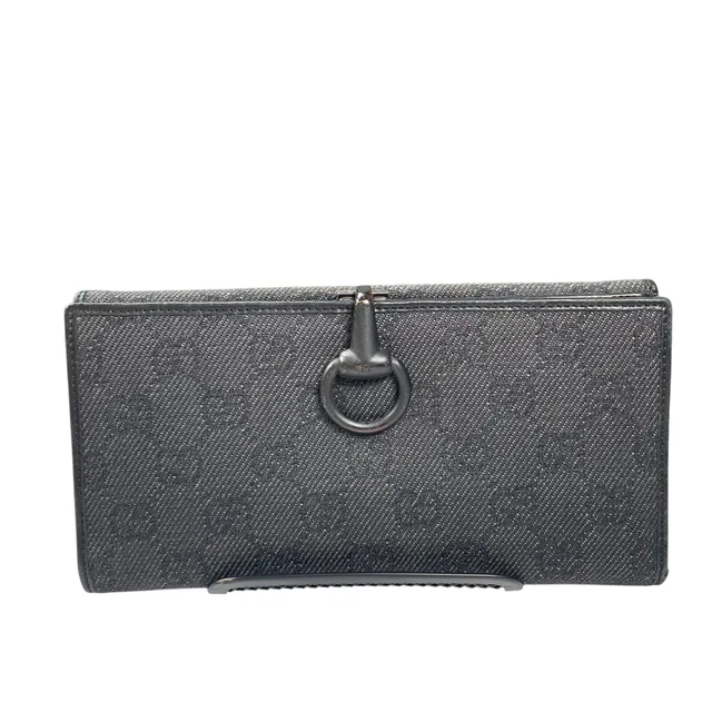 Gucci GG Black Horsebit Leather Matte Hardware Jacquard Long Clip Lock