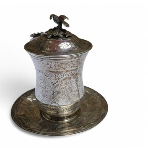 Antique Ottoman Empire Silver Sahlep Cup & Cover Floral Engraved. bird Finial - Picture 18 of 21