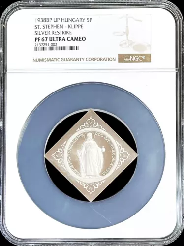 1938 PROOF HUNGARY 5 PENGO SAINT STEPHEN MODERN KLIPPE NGC PROOF 67 UC X#PN13.2