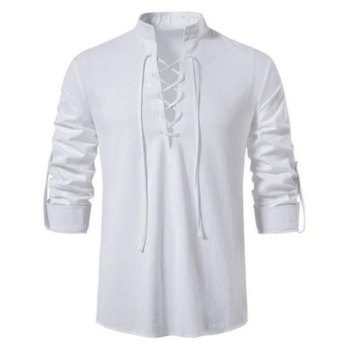 Mens Steampunk Vintage Gothic Victorian Medieval Lace Up Blouse Tops T-Shirt - Picture 10 of 13