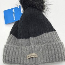 New Columbia Cuffed Pom Beanie O/S Adult Fleece Lined Gray Black