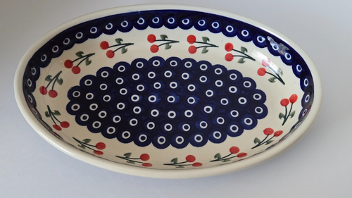Boleslawiec Wiza Polnische Keramik, Ovale Backform Pfau Kirschen 11,5" x 8" - Bild 1 von 5