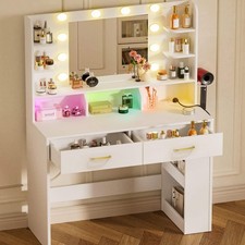 Vanity Desk with Lighted Mirror and Power Outlet, RGB LED Lights Makeup Vanit...
