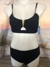 NWT Cupshe Two Piece Bikini Swimsuit Size Small Textured Blue Gold V