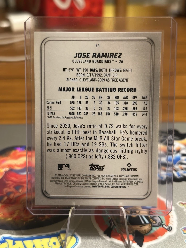 2022 Bowman Platinum José Ramírez Cleveland Guardians 3B Baseball Card #84 Holo - Image 2 of 2