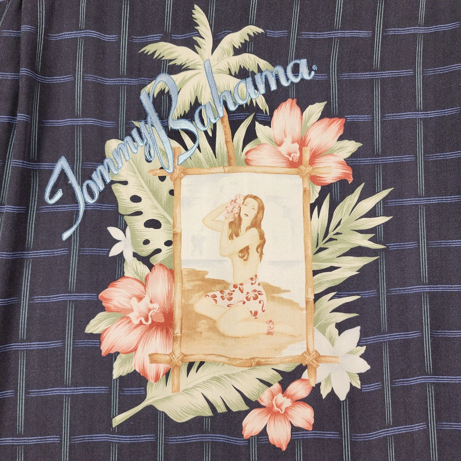 Tommy Bahama Shirt Mens Large Blue Striped Silk Hula Girl Foral Emboirdered