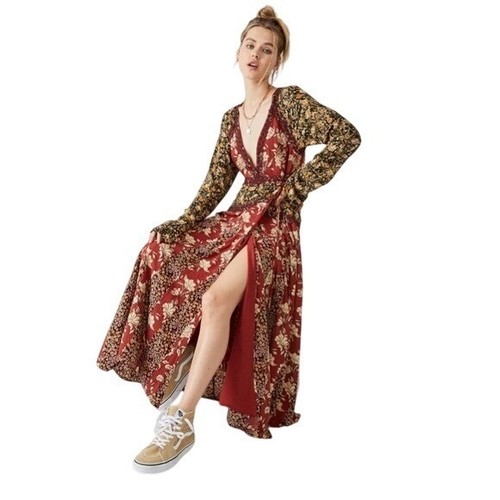Free People Tilda Wrap Dress Maxi Floral Print Long Sleeve Boho Bohemian Medium - Picture 3 of 10