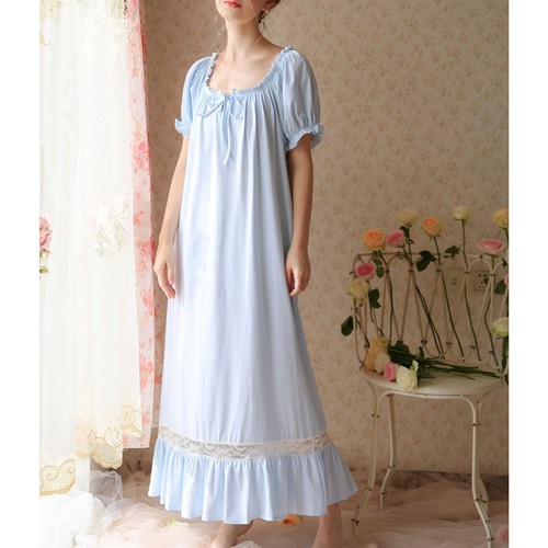 Damen Baumwolle Viktorianisch Nachthemd Kurzarm Weich Rüschen Pyjama Schlafkleid - Bild 3 von 32