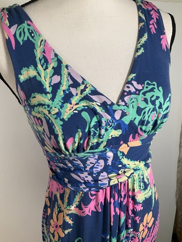 Lilly Pulitzer Kleid Damen Medium Maxi Blau Neon Blumen Tropical Strick V-Ausschnitt - Bild 5 von 16
