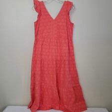 Loft Ruffled Sleeve V-Neck Square Embroidered Pattern Midi Dress Pinkish/Red