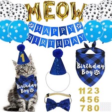 Cat Birthday Party Supplies, Cat Birthday Hat with Number Bandana Bow Tie Ban...