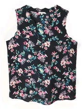 Pleione Floral Tunic Blouse Large Black Pink Sleeveless Scallop Neck Armholes