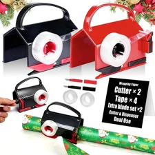 2 Pack Wrapping Paper Cutter & Tape Dispenser Tool with 4 Tapes & Blades Set