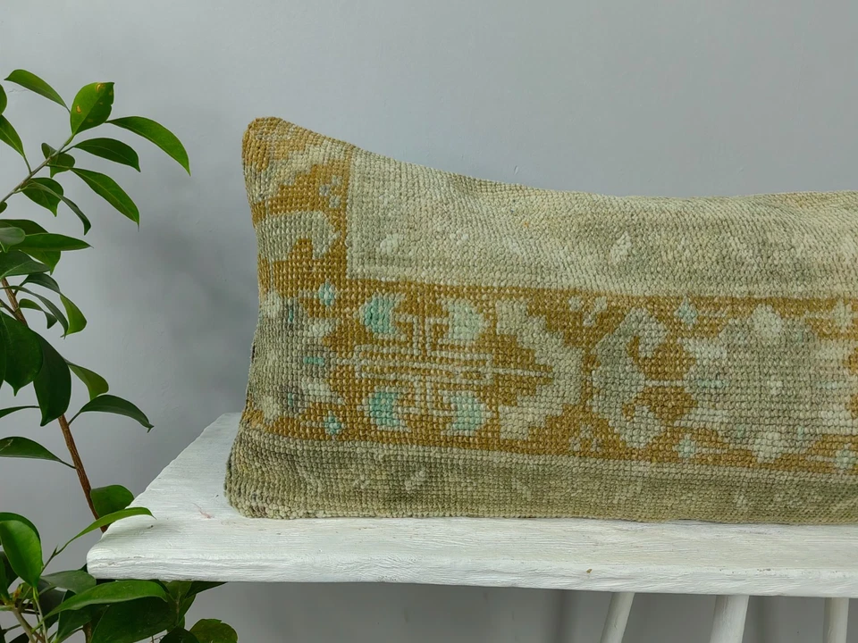 Kilim Lumbar 12x40 in Long Lumbar Pillow Turkish Rug Cushion Cover Wool Beige - Image 2 of 4