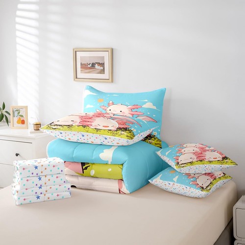 Kids Cute Axolotl 7 Pieces Bedding Set Queen Size, Cartoon Salamander Bed in ... - Picture 6 of 7
