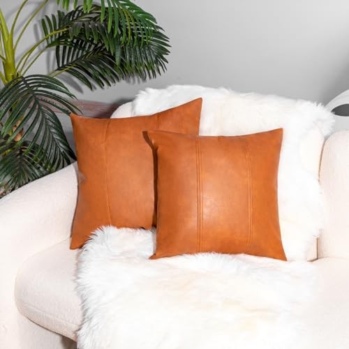 Faux Leather Throw Pillow Covers 22X22 Inch Set of 22" x 22" (Pack of 2) Brown - Picture 3 of 8