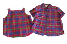 Diane Gilman L Vintage Vivid Silk Plaid Sequin Oversize Shirt Tank Set Collar