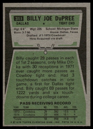 1975 Topps Billy Joe Dupree #311 - Picture 2 of 2
