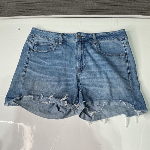 American Eagle Tomgirl Midi Denim Shorts Women's Sz 8 Distressed Frayed Hem Blue