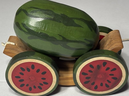 1986 Briere Handarbeit Holz Wassermelone Zugspielzeug Volkskunst Vintage signiert - Bild 3 von 6