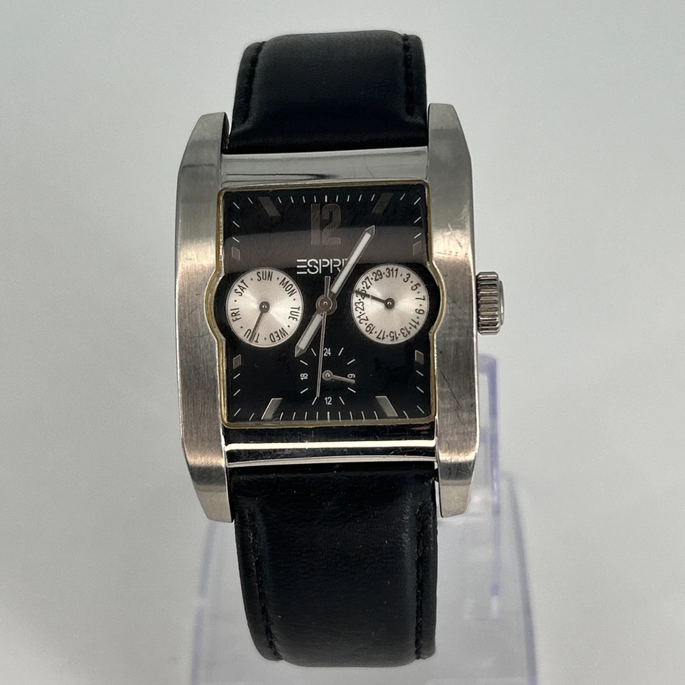 ESPRIT Men's Watch Tank Style Silver Tone Dial Black Leather Band NEW BATTERY - Image 2 of 4