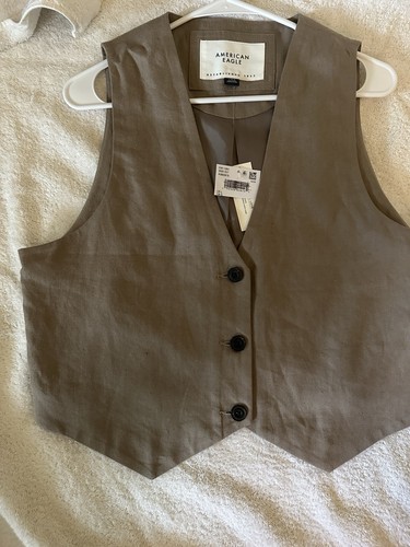 NWT American Eagle Beige Button Up Linen Vest Size Large Preppy Capsule Minimal - Picture 9 of 15