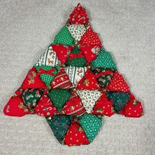 Vtg Christmas Tree Wall Hanging Quilted Bells Patchwork Handmade 18x16 Calico