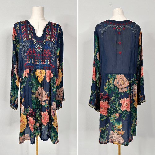 Robe tunique fleurie bohème brodée Johnny Was L marine fête paysanne chalet - Photo 4/14