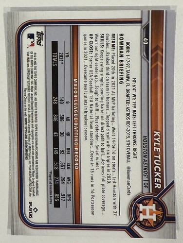 Kyle Tucker 2022 Bowman Chrome Sapphire Edition #40 MINT - Picture 2 of 2