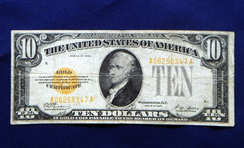 1928 USA seltene Banknote 10 Dollar ss Gold Zertifikat gelbe Km400