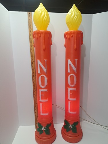 2 Vintage Blow Mold Noel Christmas Candles 36" Yellow Flame Tops, Holly - Picture 2 of 10