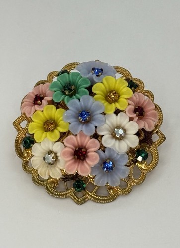 Vintage erinnert an Miriam Haskell unsignierte Zelluloid & AB Kristall Blume Brosche - Bild 6 von 6