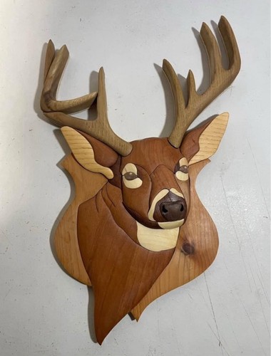 Intarsien Holz Hirschkopf Plakette Deko Wandbild hängend - Bild 1 von 7