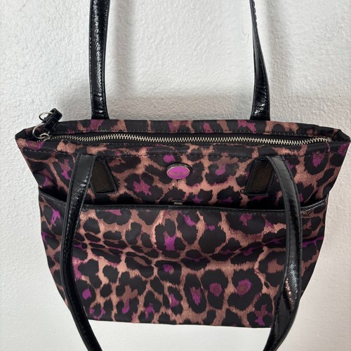 COACH Leopard Print Tote Bag Purple Brown Purse Handbag Designer Ocelot Tote - Picture 4 of 7
