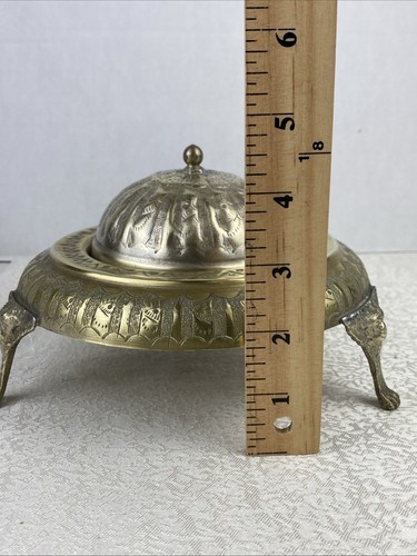 Vintage Persian Middle Eastern Caviar Butter Dish Footed Base Lions Gold Tone - Picture 9 of 13