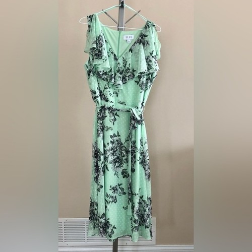 ELLE WOMEN'S DRESS SIZE L FLORAL GREEN SLEEVELES V NECK LINED HIDDEN BACK ZIPPER - Picture 2 of 11